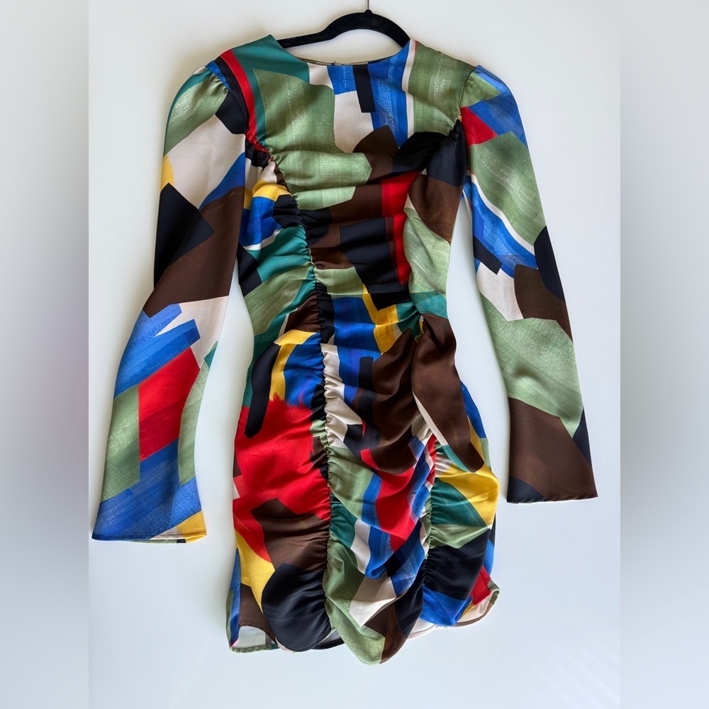 Abstract Multicolor Ruched Long-Sleeve Dress - Green/Blue/Red